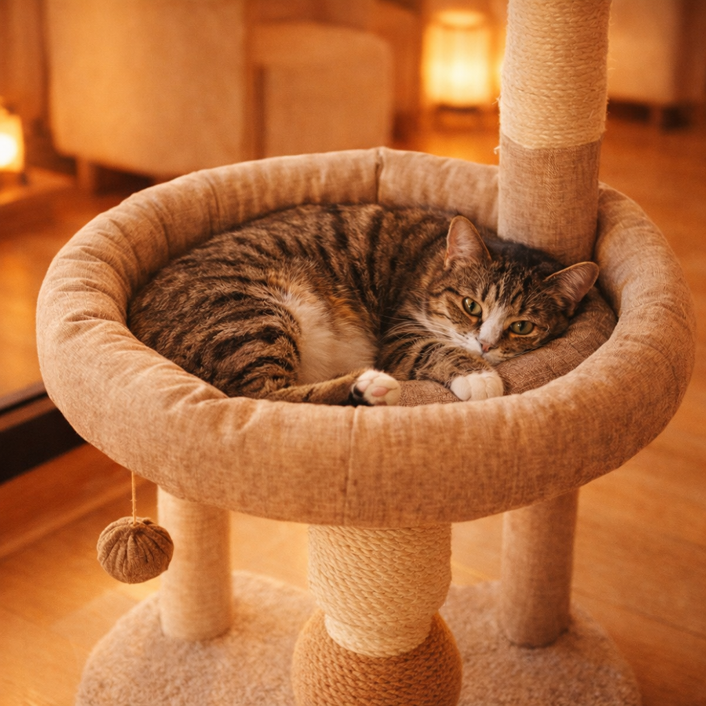Integrated cat climbing frame and cat bed